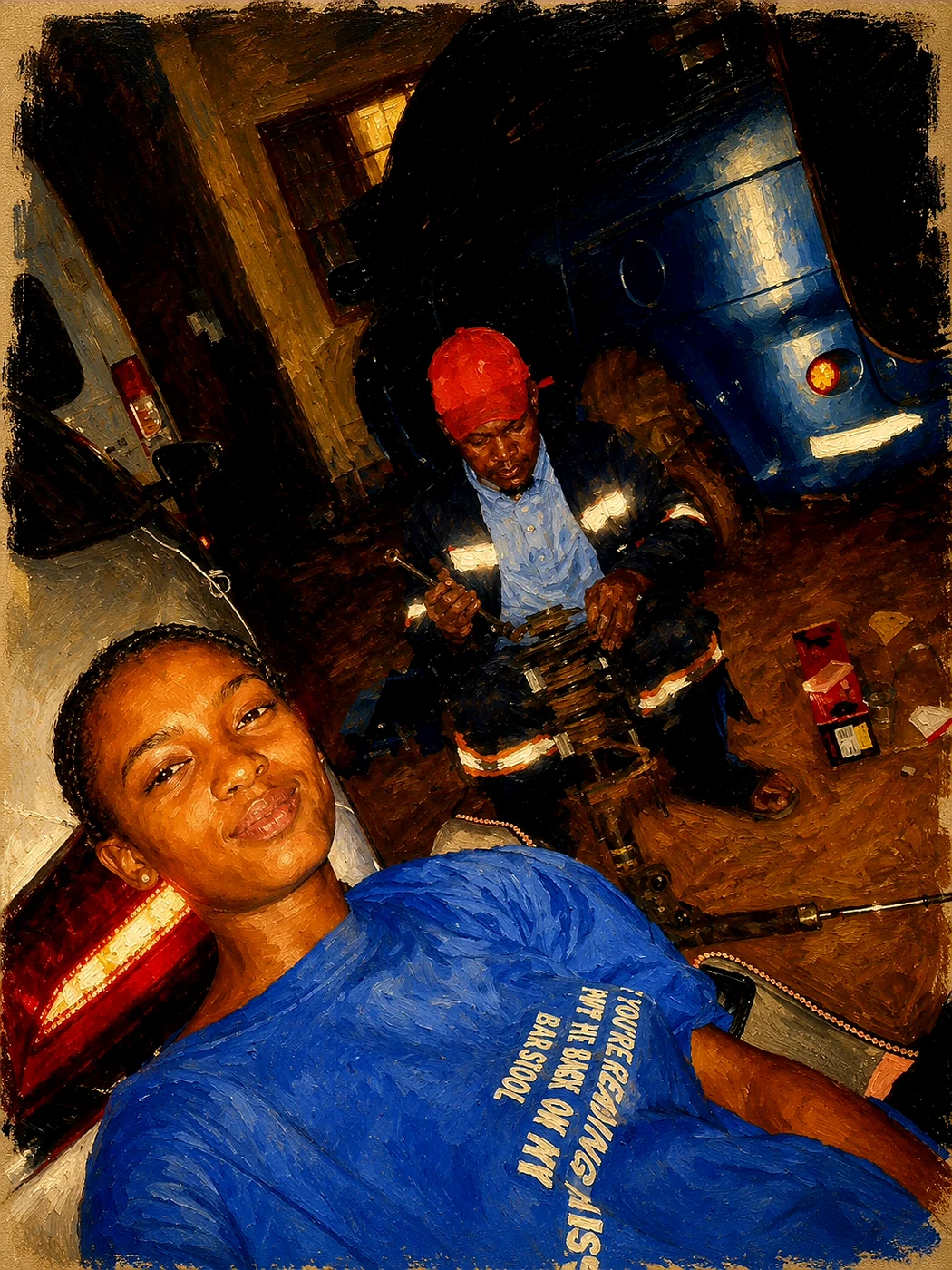 The Autologic Motors founder repairing a vehicle at night while his girlfriend helps beside him